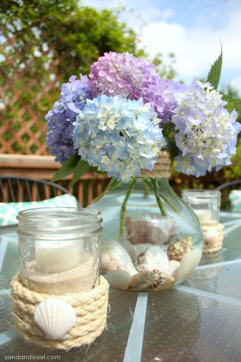 Beach Reception Centerpieces, Beach Reception, Beach Centerpieces, Summer Centerpieces, Hydrangea Arrangements, Reception Centerpieces, Beach Theme Wedding, Beach Crafts, Décor Diy