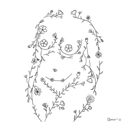 Small Tattoos For Body Positivity, Body Outline Tattoo With Flowers, Illustrative Patchwork Tattoo, Plus Size Silhouette Tattoo, Flower Body Drawing, Body With Flowers Tattoo, Face Flowers Drawing, Plus Size Body Tattoo, Women Body Outline Tattoo