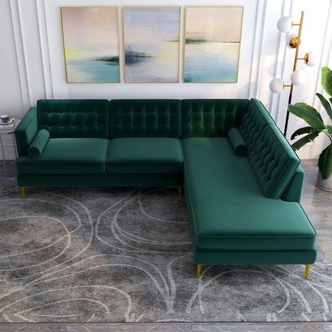 Caterina is mid century modern inspired corner sectional couches that will provide a fresh and pleasing look to your space and will be the center of attention thanks to its clean, sleek design. Couch Velvet, Green Sectional, L Couch, Shaped Couch, Sofa Green, Couch With Chaise, Modular Couch, Corner Sectional Sofa, Velvet Sectional