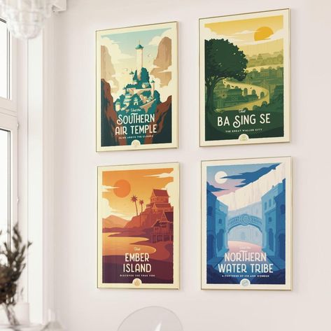 Embark on a journey from the peaceful Southern Air Temple, across the grand Earth Kingdom, through the depths of the Fire Nation, to the stronghold of the Northern Water Tribe. This wall art is perfect for those who are looking to decorate their home, office, classroom, or nursery, and also makes a great gift for birthdays, house warming, and other holidays! Each poster is also available to purchase separately: Water Tribe Ba Sing Se Ember Island Air Temple ITEM DETAILS Professionally printed on Poster Sizes, Southern Air Temple, Northern Water Tribe, Air Temple, The Fire Nation, Earth Kingdom, Water Tribe, Dorm Art, Retro Travel Poster