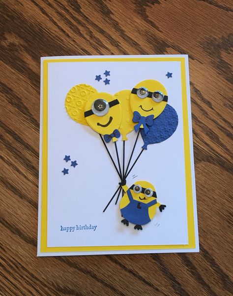 Minion birthday card, I got the ideal from a stamping up person on Pinterest and had to give it a try for my Grandson. Made by me Rita P. Minions, Minion Birthday Cards Diy, Disney Birthday Cards Handmade, Minion Cards Handmade, Disney Cards Handmade, Minion Crafts, Minion Birthday Card, Disney Birthday Card, Minion Card