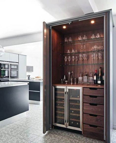 Luxury Wood Mini Bar Ideas Bar Modern Design, Home Bar Modern, Hidden Bar Cabinet, Home Mini Bar, Modern Bar Cabinet, Bar Modern, Home Bar Cabinet, Home Bar Areas, Home Bar Rooms