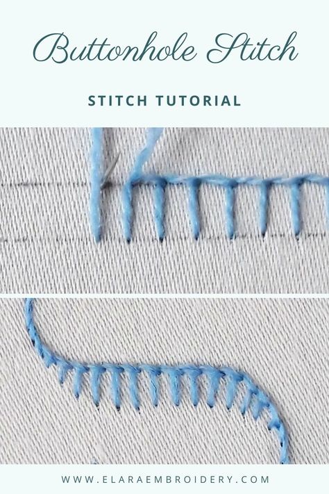 Top image - a line of buttonhole stitch being worked in blue crewel wool, showing where to bring your needle up. Bottom image - a curved line of buttonhole stitch that transitions to stem stitch at either end. Amigurumi Patterns, Couture, How To Do Crewel Embroidery, Blanket Stitch Embroidery Design Ideas, Embroidery Buttonhole Stitch, Buttonhole Stitch Tutorial, Button Hole Stitch Embroidery Designs, Buttonhole Stitch Embroidery Design, Buttonhole Stitch Embroidery