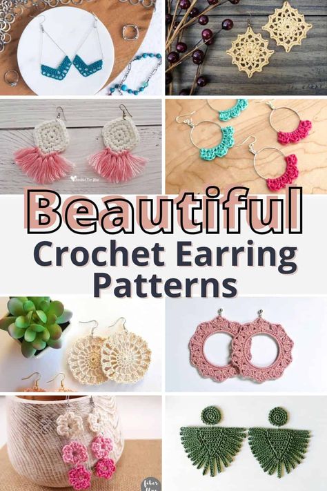 If you're looking for a gorgeous crochet earring pattern, you are sure to find it in this list of earring crochet patterns. There are all sorts of earrings included and you can make a set so quickly and update your jewelry. Don't miss these patterns. Amigurumi Patterns, Embroidery Thread Crochet Earrings, Free Crochet Patterns Earrings, Quick Earrings To Make, Free Crochet Earrings Pattern, Earing Crochet Pattern, Crochet Loop Earrings, Crochet Daisy Earrings Free Pattern, Crochet Thread Earrings