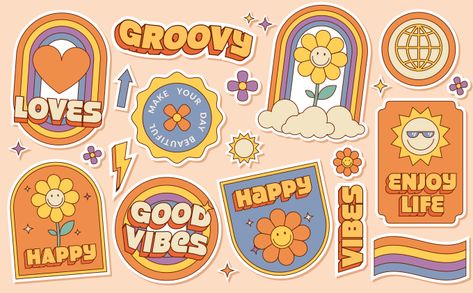 70s Typography, 90s Graphic Design, Typography Sticker, Retro Logo Design, Groovy 70s, Happy Stickers, Aesthetic Retro, Retro Typography, Tumblr Stickers