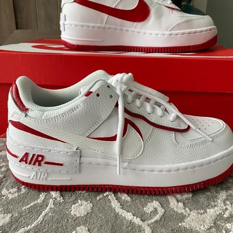 Custom Red Nike AirForce Red Nike Aesthetic, Red Nike Air Force, Nike Air Force Shadow, Airforce Outfit, Red Nikes, Shoe Customization, Air Force Shadow, Taylor Swift Shoes, Red Nike Shoes