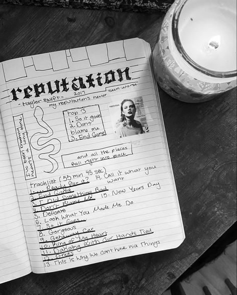 Reputation Journal Page, Reputation Scrapbook, Taylor Swift Notebook Ideas, Reputation Party, Taylor Swift Reputation Aesthetic, Song Journal, Reputation Aesthetic, Notebook Idea, Reputation Taylor Swift