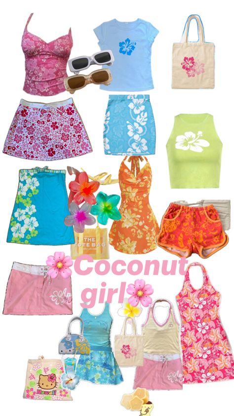 Aesthetic Tropical Outfits, Coconut Outfit Aesthetic, Cute Girly Outfits Aesthetic Summer, Summer Barbie Aesthetic, Y2k Tropical Outfits, Tropical Core Clothes, Coconut Girl Summer Outfits, Y2k Coconut Girl Outfits, Tropical Outfit Aesthetic