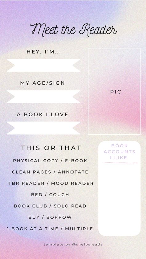 About The Reader Template, Meet The Reader Template, Meet The Board Instagram Post, Tbr Template Instagram, Bookish Template Instagram, Bookish Instagram Story Template, Book Instagram Template, Meet The Bookstagrammer Template, Tbr Journal