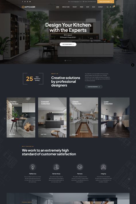 The "Kitchor" WordPress theme is a modern and stylish theme designed specifically for interior design and architecture websites. It offers a range of features and customization options to create a visually stunning and functional website for your interior design business. Design Offices, Blue And Gold Website Design, Dark Website Design, Webpage Design Layout, Architecture Websites, Interior Design Sites, Construction Website, Design Sites, Desain Ui