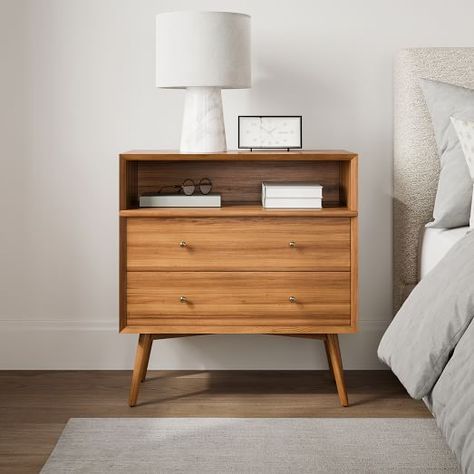 Modern Nightstands & Bedside Tables | West Elm West Elm Nightstand, Meja Nakas, Open Nightstand, West Elm Mid Century, Mid Century Bedside, Mid Century Bed, 60s Furniture, Mid Century Nightstand, Mid Century Modern Bedroom