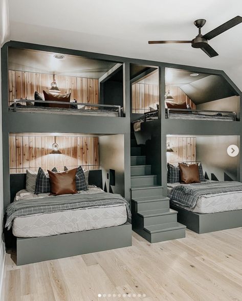 Built In Bunk Beds Beach House, Rustic Cabin Interiors Kitchen, Bed On Wall With Window, Diy Bunkroom, Bunk Beds In Wall, Multiple Beds In One Room, 3 Beds In One Room Ideas, Adult Bunk Beds Guest Rooms, Bunk Room Ideas