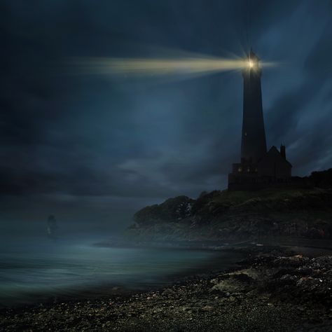 at dawn, the sea... Nature, Lighthouse In The Dark, Lighthouse Night, Dark Nautical, Lighthouse At Night, Lighthouse Island, Lighthouse Storm, Dark Ocean, Building Photography