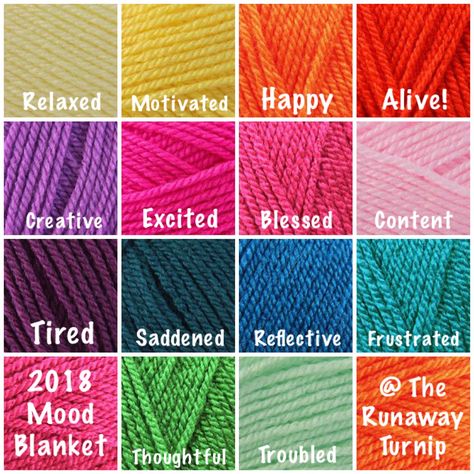 Looking forwards to starting my mood blanket in 2018.    I’ve selected 14 Special DK yarns and assigned them to a mood. Each day I will crochet a small granny square that matches my mood for the day. At the end of the year I’ll have a big blanket that shows my mood throughout the year. :)    @TheRunawayTurnip Amigurumi Patterns, Granny Square Mood Blanket, Mood Blanket Knit, Crochet Mood Blanket Colors, Mood Blanket Crochet Ideas, Mood Blanket Crochet Colour, Year Crochet Blanket, Mood Crochet Blanket, Mood Blanket Crochet