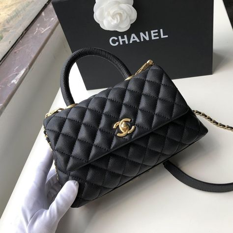 Chanel Flap Bag With Top Handle Coco Chanel Bags, Trapezium Shape, Chanel Lipstick, Coco Handle, Chanel Box, Woven Chain, Burgundy Top, Chanel Earrings, Black Caviar