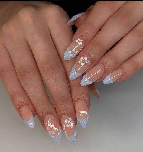 There's a new beauty trend taking over Instagram and it's absolutely stunning. Say hello to "quartz nails". Nails Acrylic Designs Almond Shape, Almond Blue And White Nails, Cute Nails Acrylic Almond White, Summer Nails Trendy Simple, Summer Nail Art Almond, Beach Coffin Acrylic Nails, Aura Acrylic Nails Almond, Nail Art Designs Square Nails Short, Fun Spring Nails Almond