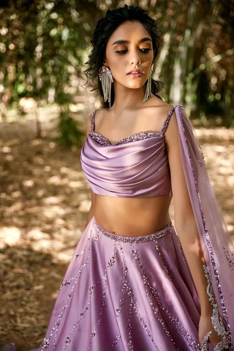 Buy Pooja Peshoria Purple Satin Embroidered Lehenga Set Online | Aza Fashions Trendy Outfits Indian, Latest Model Blouse Designs, Lehenga Designs Simple, Traditional Blouse Designs, Long Trail, Lehnga Designs, Embellished Skirt, Traditional Indian Dress, Draped Blouse