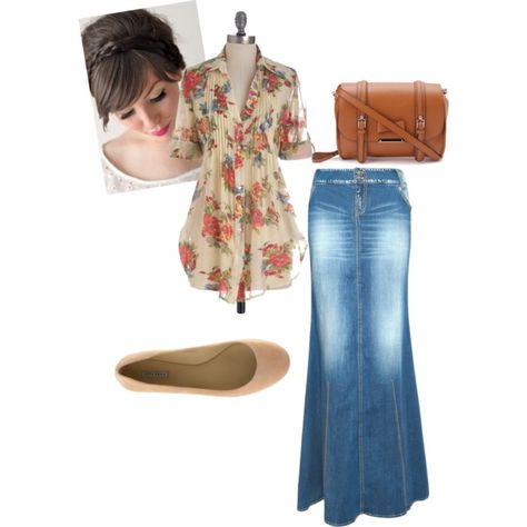 A collage from Polyvore Skirt Outfits, Pentecostal Fashion, Modest Summer, Modest Summer Outfits, Jeans Skirt, Winter Outfit, Modest Dresses, Modest Outfits, Modest Fashion