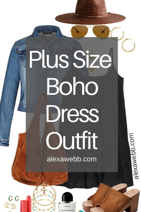 Plus Size Spring Casual Dress Outfits - A plus size black swing dress with a classic denim jacket, a boho slouchy tote from Free People, platform sandals, and a straw fedora. Alexa Webb Rust Dress Outfit, Plus Size Country Outfits, Boho Plus Size Outfits, Womens Western Outfits, Boho Dress Outfit, Boho Western Outfits, Country Music Outfit, Western Boho Outfits, Curvy Boho