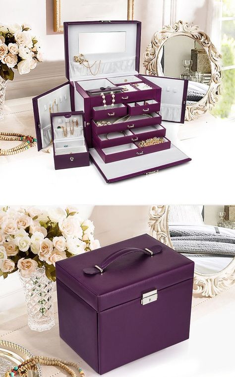 Elegant Purple Mirrored Large Capacity White Interior Jewelry Box Penyimpanan Makeup, Jewelry Box Design, Purple Mirror, Wedding Gifts Packaging, Large Jewelry Box, Jewelry Box Diy, Leather Jewelry Box, Jewelry Quotes, Jewelry Organizer Box