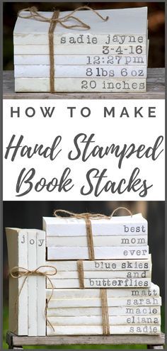 Diy Farmhouse Book Stack, Painted Book Decor, Book Stack Decor Diy, Stack Books Decor, Diy Painted Books, Stamped Book Stacks Diy, Book Diy Decor, Diy Book Stack Decor, Book Stacks Decor Diy