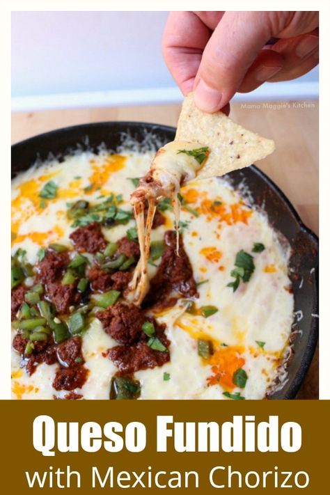 This cheese is sure to please. My friends loved this dish. I heard people say, “Oh my gawd!” and “Give me the recipe!” Now they know that I didn’t slave for hours and days to make this incredibly tasty dish. Lol. Cheers to easy entertaining. Hope you enjoy! By Mama Maggie's Kitchen Chorizo Dip Recipes, Chorizo Appetizer Recipes, Queso Chorizo Dip, Choriqueso Recipe, Broiler Recipes, Queso Fundido With Chorizo, Mexican Appetizers Easy, Queso Fundido Recipe, Fundido Recipe