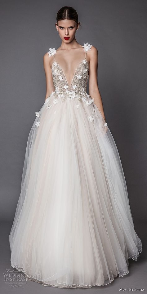 Muse by Berta fall 2017 bridal spagetti strap deep v neck heavily embellished bodice floral applique tulle skirt romantic a  line wedding dress open low back sweep train (adel) mv #wedding #bridal V Neck Wedding Dress, Muse By Berta, Berta Wedding, Spagetti Strap, Backless Evening Dress, Dress Idea, Floral Wedding Dress, Weeding Dress, Wedding Dresses 2017