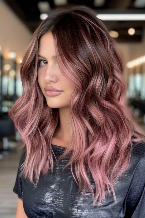 Looking to add some lighter streaks to your dark hair? Then check out our collection of 45 prettiest highlights ideas for brunette hair. From rose gold brown hair with pink highlights to caramel balayage styles and blonde face framers, there's a lot to love in our latest article. Click the pin to see it now and save your favorites! Balayage, Chocolate Rose Gold Caramel Hair, Black Hair Rose Gold Highlights, Dark Brown With Pink Hair, Rose Gold Hair Ombre Brunette, Ash Brown With Pink Highlights, Rose Gold Brown Balayage, Rose Light Brown Hair, Gold Pink Hair Color