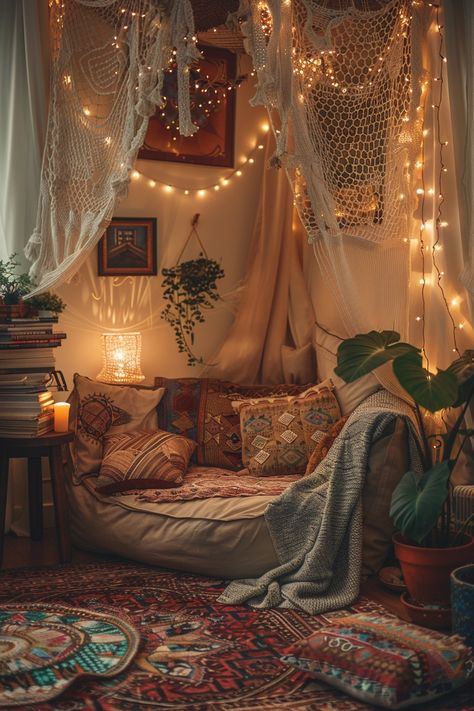 29 Exciting Dark Boho Living Room Ideas You Must See 15 Boho Bedroom Vintage, Spiritual Interior Design, Bedroom Cozy Corner, Whimsical Bedroom Adult, Boho Bedroom Lighting, Dark Boho Decor, Philly Apartment, Vintage Boho Bedroom, Dark Boho Living Room