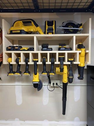 Power Tool Storage & Charging Station : 5 Steps (with Pictures) - Instructables Tool Wall Storage, Storage Plans, Power Tool Organizer, Historical Pics, Garage Shelves, Dewalt Power Tools, Garage Workshop Organization, Tool Hangers, Power Tool Storage