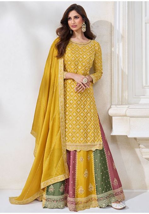 Mustard Embroidered Chinnon Lehenga Kameez Lehenga Yellow, Long Choli Lehenga, Party Wears, Lehenga Suit, Suit Collection, Pakistani Salwar Kameez, Designer Salwar Suits, Salwar Kameez Designs, Stunning Outfits