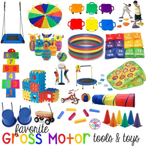 My favorite gross motor toys and tools for indoor and outdoor recess your little learners (preschool, pre-k, and kindergarten) will LOVE! Gross Motor Room Indoor, Gross Motor Playroom, Indoor Gross Motor Preschool, Aktiviti Prasekolah, Musical Toys For Kids, Aktiviti Tadika, School Toys, Aktiviti Kanak-kanak, Grad Party Decorations