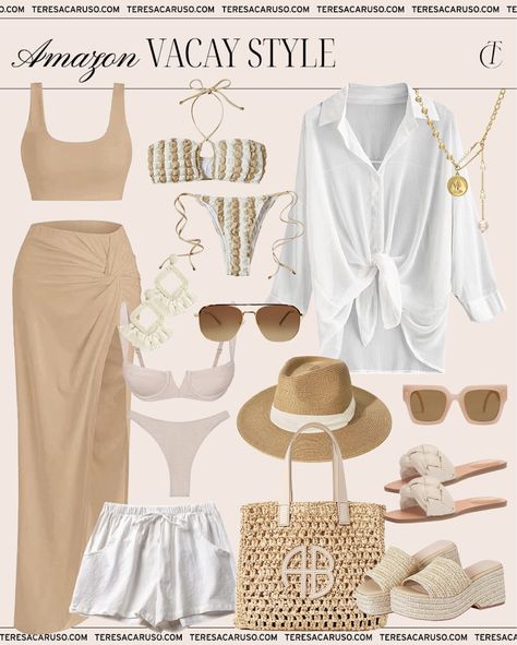 Elegant Beach Vacation Outfits, Women Cancun Outfits, Bridal Vacation Outfits, Two Piece Outfits Vacation, Havasu Outfits Summer, Few Moda Dress, Cute Summer Outfits Vacation, Packing For Tropical Vacation Beach, Cream Vacation Outfit