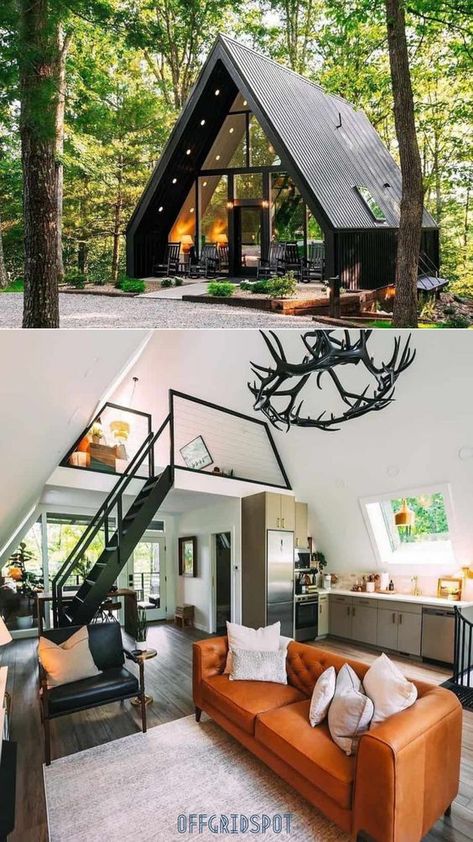 Delightful A-Frame Style Tiny House Cabin A Frame Tiny House Interiors, A Frame Interior Design Cabin, Loft Cabin Ideas, French Country Tiny House, Luxury Tiny House Interior, Small A Frame Cabin Plans, A Frame Tiny House, A Frame House Interior, Small A Frame Cabin