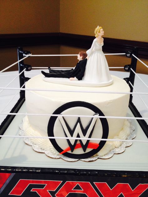 WWE Grooms cake: buttercream iced with topper and fondant details Wrestling Grooms Cake, Wwe Grooms Cake, Wrestling Themed Wedding, Wwe Wedding Theme, Wrestling Wedding, Wwe Wedding, Heavy Metal Wedding, Wrestling Cake, Soccer Wedding