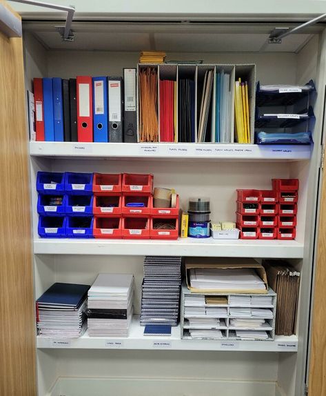 I Organised My Work Stationery Cupboard. I Wish I'd Taken A Before Picture. It Was 2 Years' Worth Of People Just Throwing Stuff In! Organisation, Office Supplies Closet, Organization Pictures, Desk Organization Tips, Wrapped In A Blanket, Office Cupboards, Office Organisation, Kitchen Countertop Decor, Craft Supply Storage