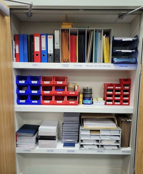 I Organised My Work Stationery Cupboard. I Wish I'd Taken A Before Picture. It Was 2 Years' Worth Of People Just Throwing Stuff In! Organisation, Office Supplies Closet, Organization Pictures, Small Office Organization, Work Desk Organization, Desk Organization Tips, Wrapped In A Blanket, Office Cupboards, Stationary Storage