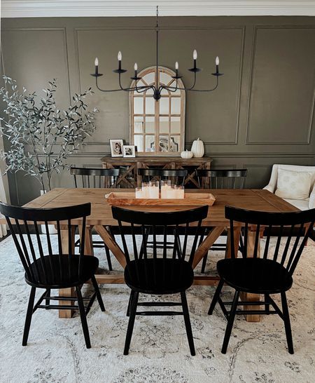 Dining Room With Concrete Table, Essen, Dark Sage Dining Room, Wooden Table Black Legs Dining Rooms, Boho Modern Dining Room Decor, Wooden Dining Room Table With Black Chairs, Pale Green Dining Room Walls, Dining Room Inspiration Moody, Beige And White Dining Room