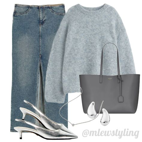 Fall work outfit Silver Bag Outfit Street Styles, Grey Jean Skirt Outfit, Light Grey Outfits For Women, Gray Midi Skirt Outfit, Gray Jeans Outfit Women, How To Style Grey Sweater, Silver Kitten Heels Outfit, Gray Jeans Outfit Spring, Gray Winter Outfits