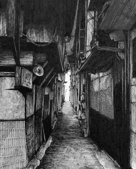 Dark Alley. Urban Architectural Pen Drawings. Click the image, for more of this home from ibsuki. Dark Alleyway Drawing, Dark Alley Drawing, Alleyway Drawing, Alley Drawing, Dark Illustration Art, Dark Alley, Monochromatic Art, Tokyo Art, City Sketch