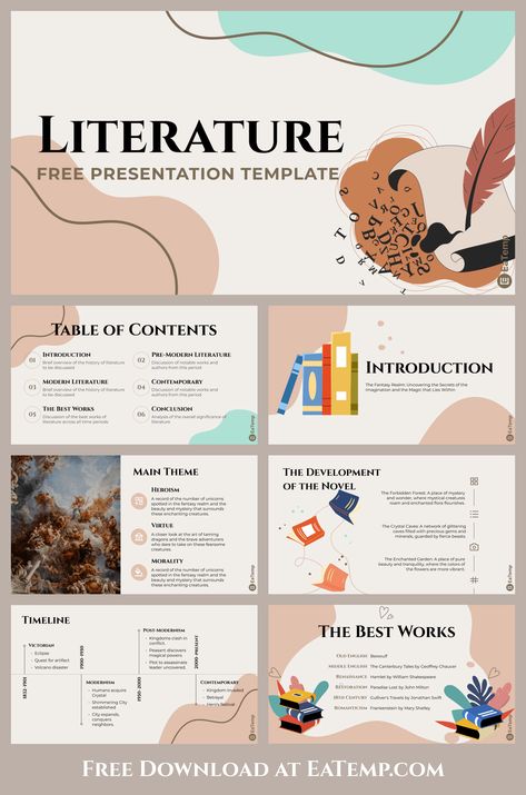 English Literature Presentation Template - Free PowerPoint Templates, Google Slides, Figma Deck And Resume Google Slides Themes Presentation, Presentation Ideas For School Powerpoint, Powerpoint Book Presentation, Presentation Layout Design Templates, Academic Presentation Design, Free Google Slides Templates Aesthetic, English Presentation Ideas, Free Template Powerpoint Slide Design, Free Slides Templates