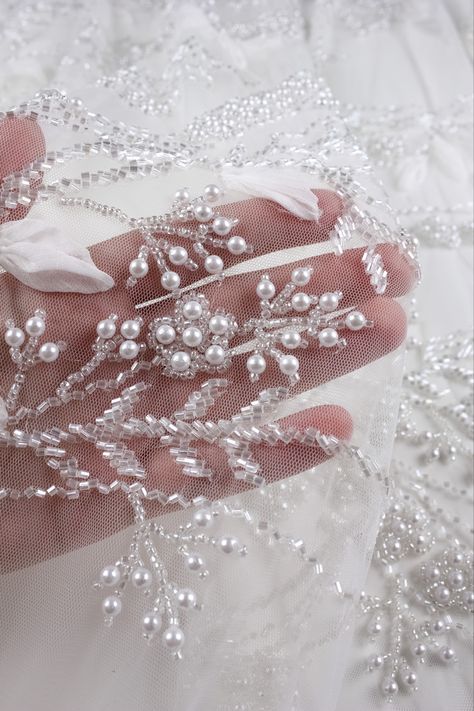 Pearls, seed beads and sequin ✨ What's not to love about this @hautecouturelace custom lace design? Did you know we hand craft all our lace for the most intricate detail! #embroidery #beadedtulle #handbeaded #couturelace White Lace Embroidery, Pearl Embroidery Dress, Stone Embroidery Design, Pearl Embroidery Designs, Pearl Work Embroidery, Pearl Beaded Dress, Embroidery With Pearls, Embroidery Veil, Beading Wedding Dress