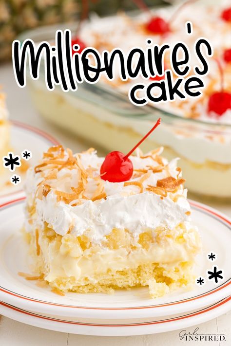 Millionaires Cake Recipe, Pie, Pineapple Fluff Cake Recipe, Million Dollar Cake Pineapple, White Cake Mix With Vanilla Pudding, Pineapple Vanilla Pudding Cool Whip, Cake With Pineapple And Cool Whip, Pineapple Icebox Cake, Pineapple Cool Whip Dessert