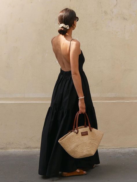 Solid Backless Long Dress Black Sundress Aesthetic, Backless Long Dress, Look Blazer, Color Swatches, Mode Inspiration, Vacation Outfits, Mode Outfits, Fitted Dress, Woven Fabric