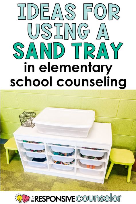 Curious about how to use sand tray in your school counseling office? Read some ideas here! Sand tray counseling prompts for kids, sand tray storage and organization, miniature suggestions, etc. School Counseling Organization Ideas, Regulation Room School, School Counseling Centers, Sandtray Therapy Storage, Sand Tray Therapy Prompts, Small School Counselor Office Ideas, Elementary School Counselor Office Decorating Ideas, Counselor Office Ideas, Elementary Counselor Office