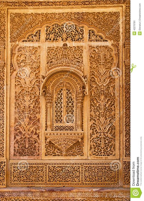 Carved Window In Mandir Palace, Jaisalmer, Rajasthan, India. Stock Photo - Image: 42270781 Konark Temple, Window Images, Mughal Motif, Styrofoam Art, Palace Architecture, Indian Temple Architecture, India Architecture, Mughal Architecture, Ancient Indian Architecture