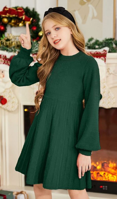 The material is soft knit, thick and stretchy, buttons trim at cuffs, keep your girl warm in fall and winter. Great for the holidays, very well made. #lantern_sleeve #dress Girls Winter Dress, Girls Winter Outfits, Maria Victoria, Girls Winter Dresses, Holiday Outfits Christmas, Girls Sweater Dress, Branding Shoot, Girls Sweater, Preppy Dresses