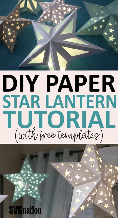 Paper Star Lantern Tutorial with Free 3D Star SVG Templates Lantern Crafts, Paper Star Lights, 3d Paper Star, Lantern Template, 3d Stars, Paper Star Lanterns, Paper Lanterns Diy, Lantern Craft, Star Bookmark