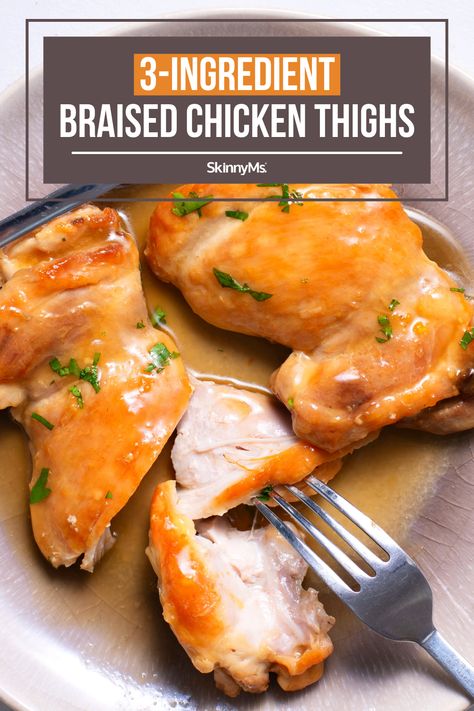 3-Ingredient Braised Chicken Thighs Chicken Thighs Boneless Skinless, Juicy Chicken Thighs, Asparagus Dishes, Braised Chicken Thighs, Clean Eating Lifestyle, Healthy Chicken Recipes Easy, Chicken Meals, Braised Chicken, Boneless Skinless Chicken Thighs