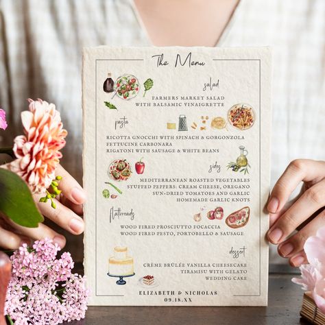 Illustrated Menu Wedding, Set Menu Design Ideas, Wedding Menu Illustration, Spring Menu Design, Pizza Wedding Reception Ideas, Table Menu Ideas, Dinner Party Menu Design, Menu Wedding Cards, Family Style Wedding Dinner